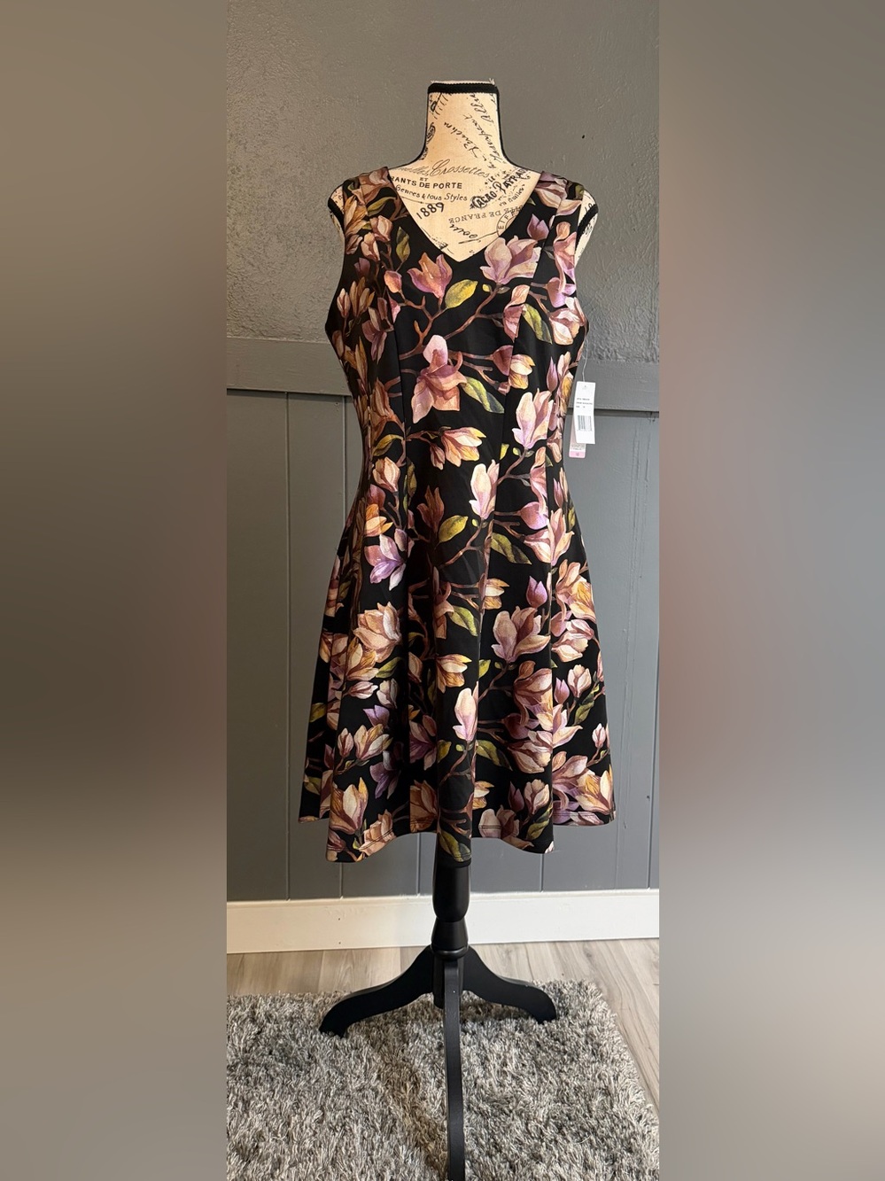 Robbie Bee Black Floral Fit & Flare Dress with Pink and Cream Blooms